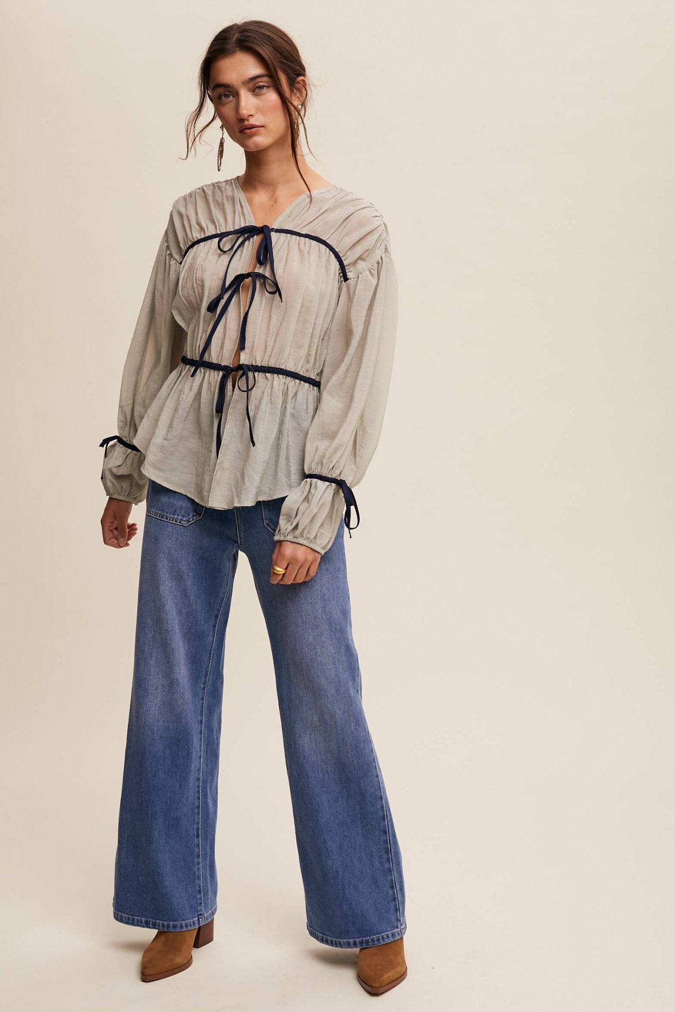 Contrast Trim Ribbon Tie Blouse - 926 West