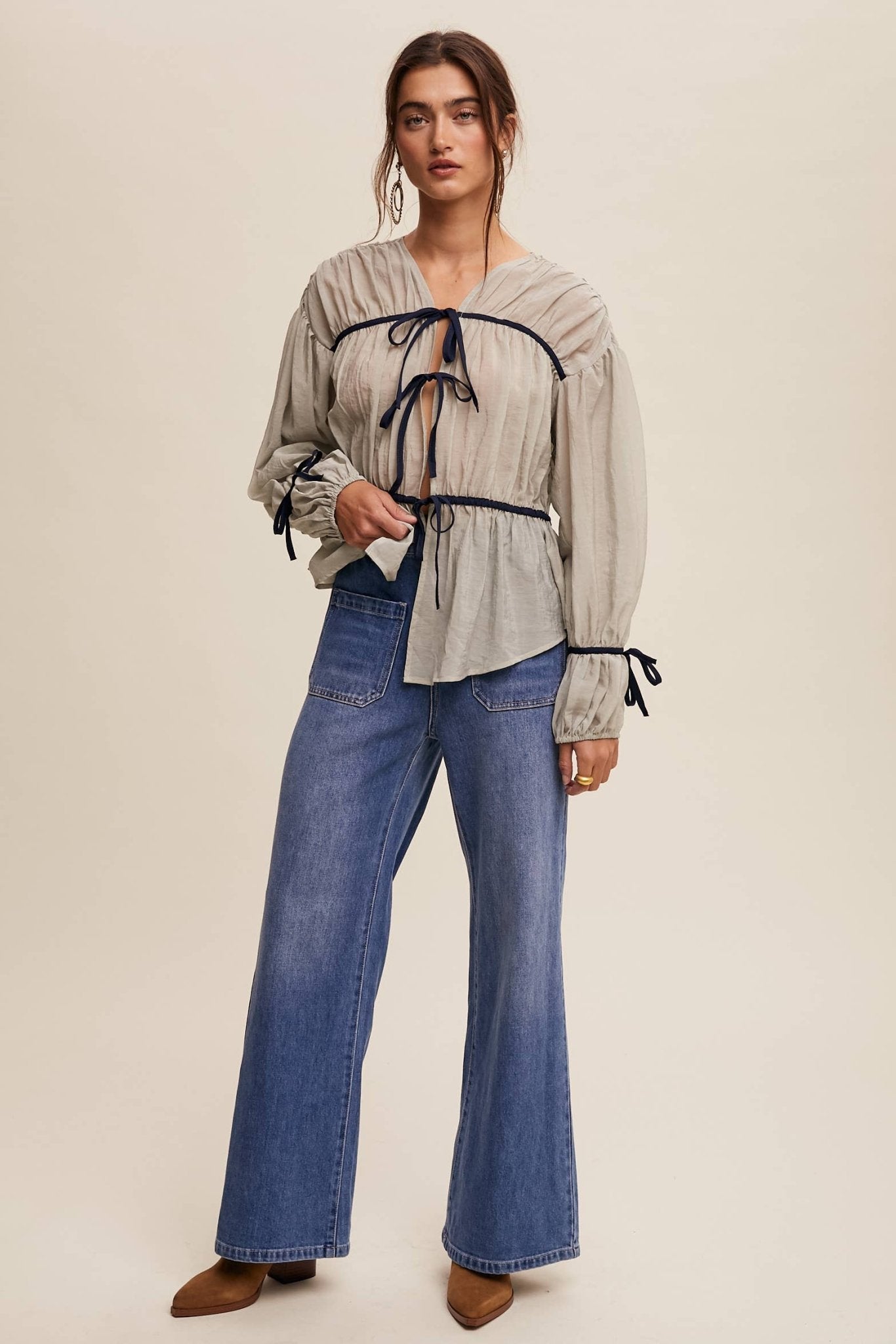 Contrast Trim Ribbon Tie Blouse - 926 West