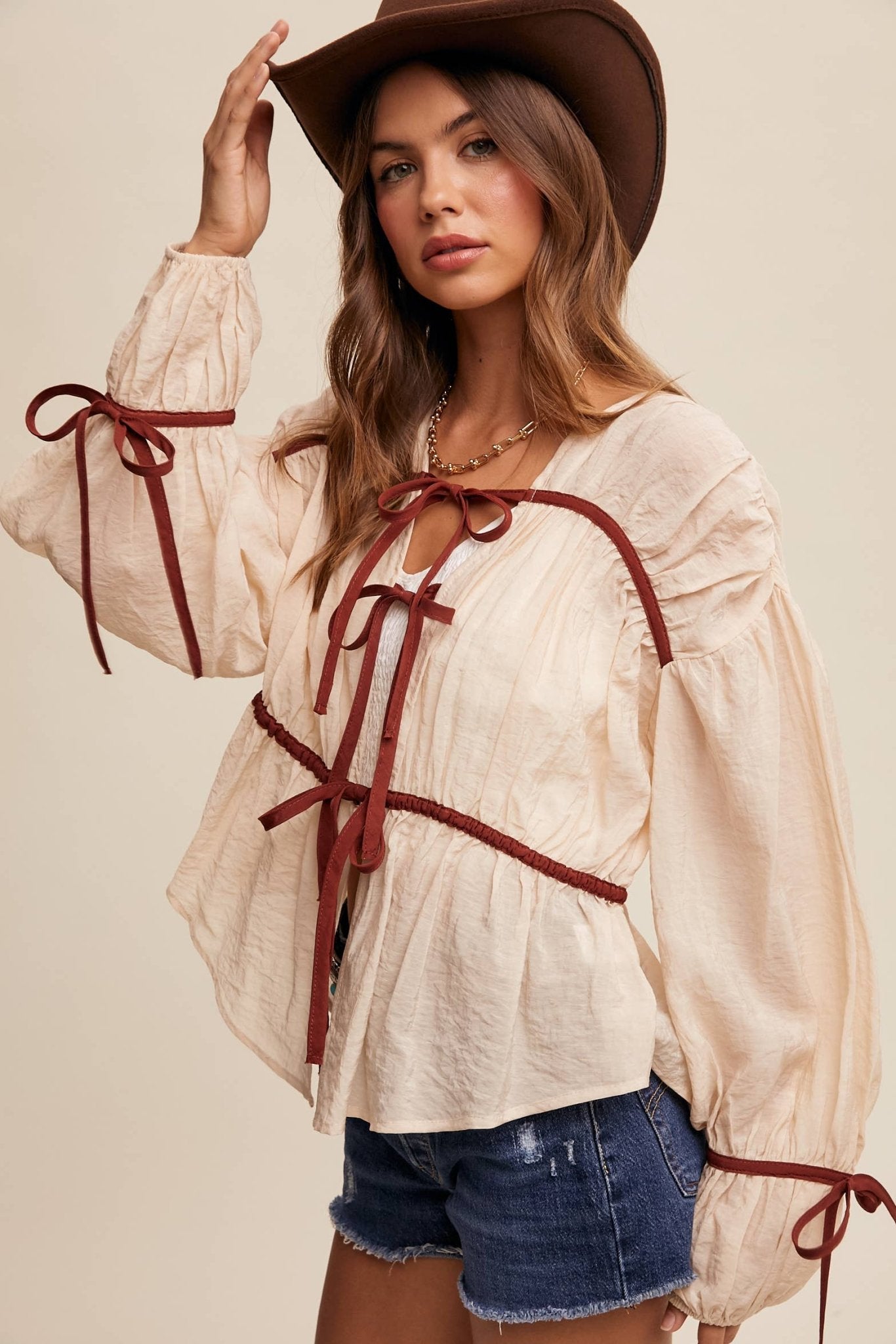 Contrast Trim Ribbon Tie Blouse - 926 West