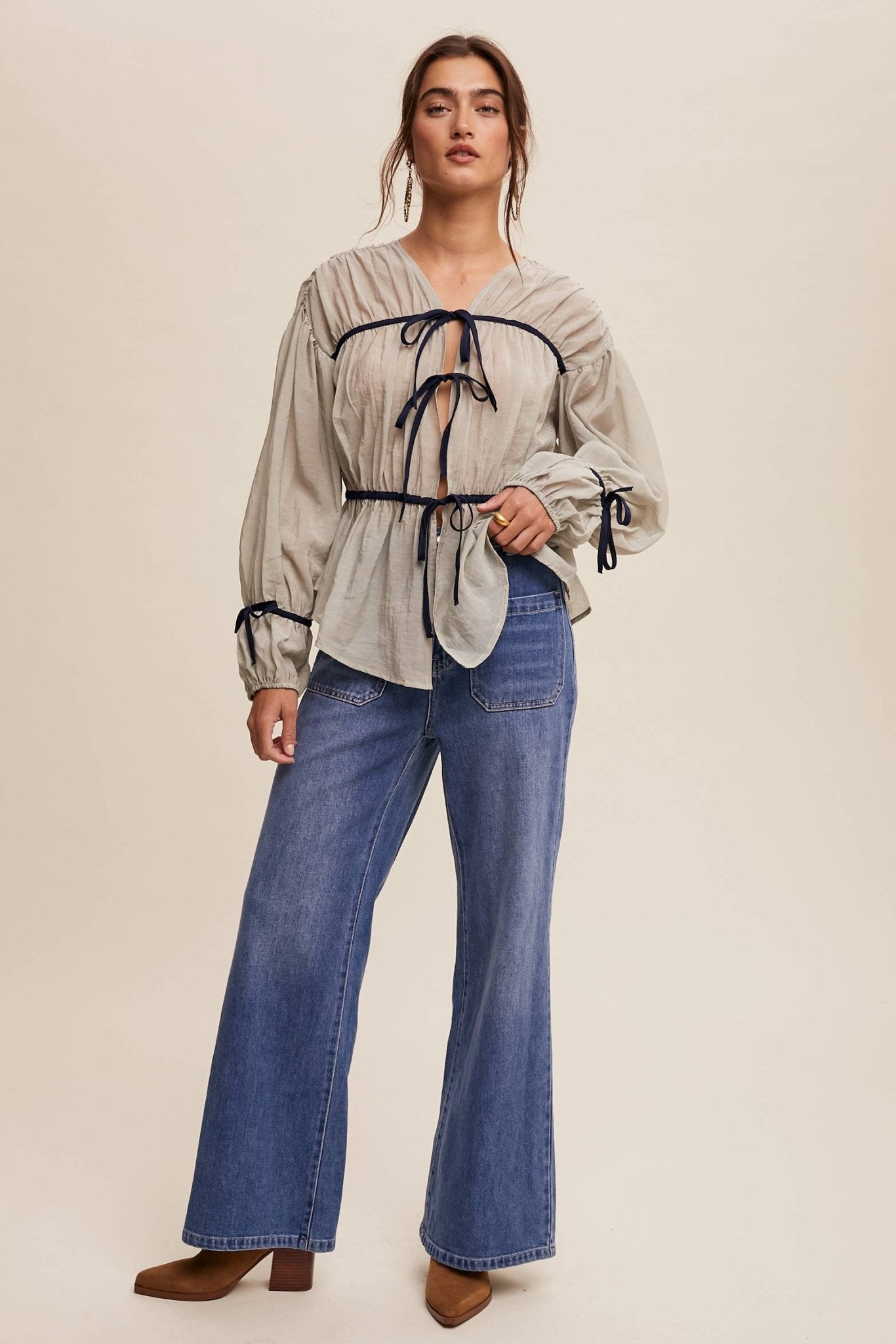 Contrast Trim Ribbon Tie Blouse - 926 West