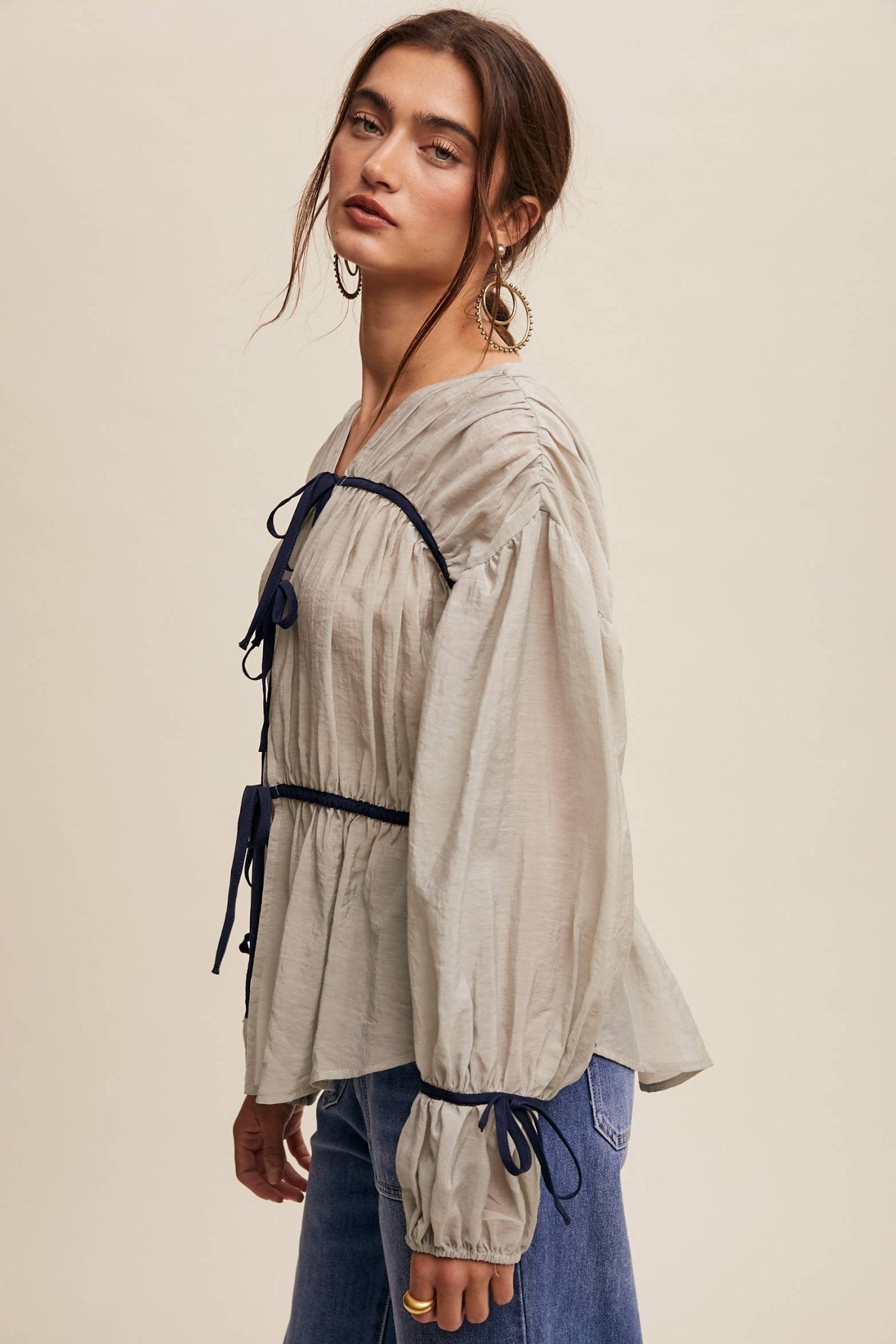 Contrast Trim Ribbon Tie Blouse - 926 West