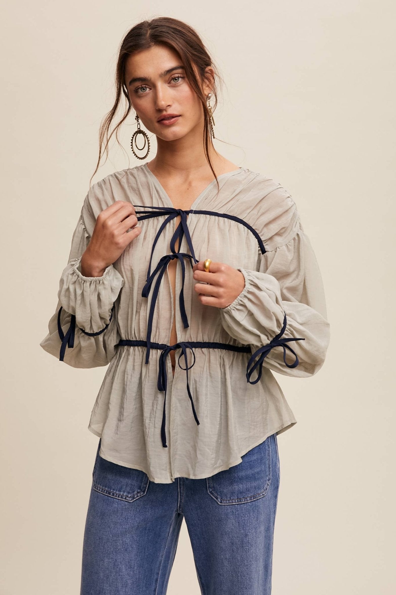 Contrast Trim Ribbon Tie Blouse - 926 West
