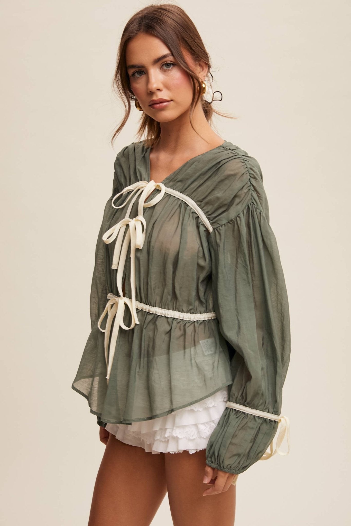 Contrast Trim Ribbon Tie Blouse - 926 West