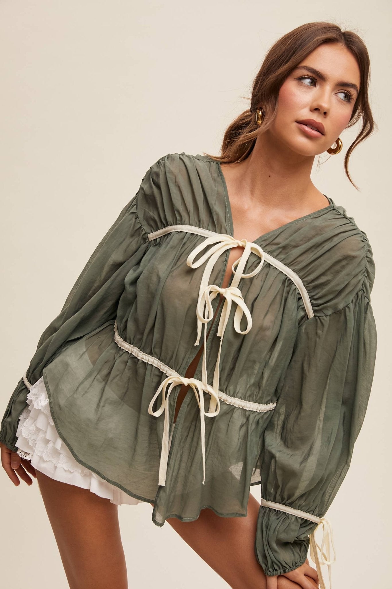 Contrast Trim Ribbon Tie Blouse - 926 West