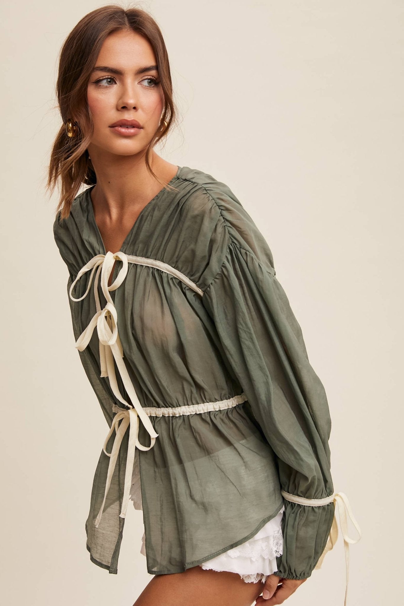 Contrast Trim Ribbon Tie Blouse - 926 West