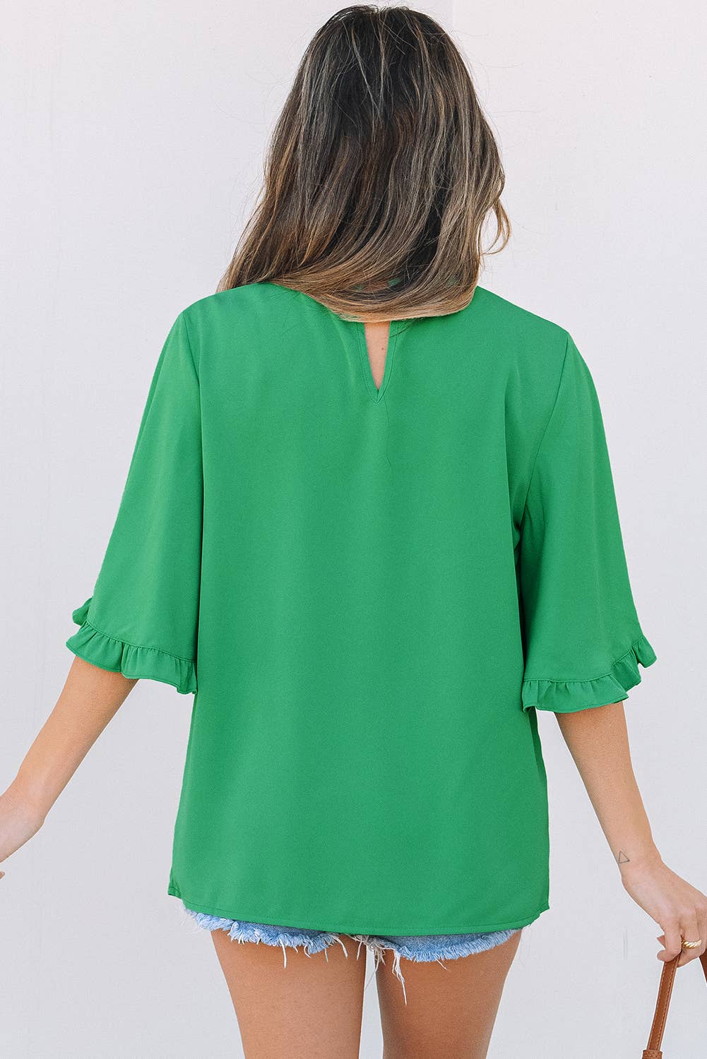 Frilly Round Neck Wide Half Sleeve Blouse