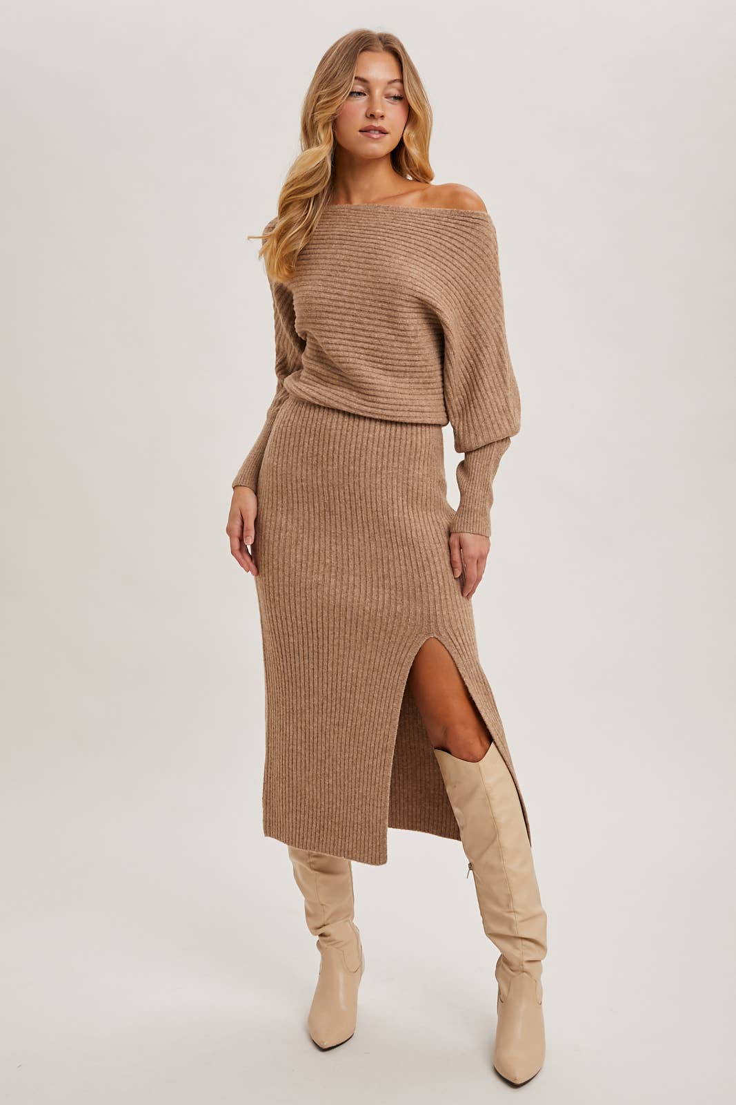 ONE SHOULDER OFF SIDE SLIT MIDI KNIT SWEATER DRESS Bluivy