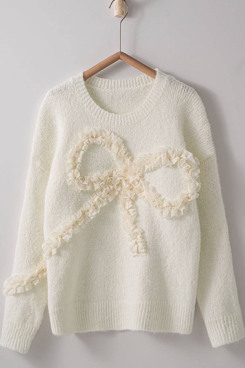 Ornate Ruffle Bow Accent Fuzzy Knit Sweater Urban Daizy