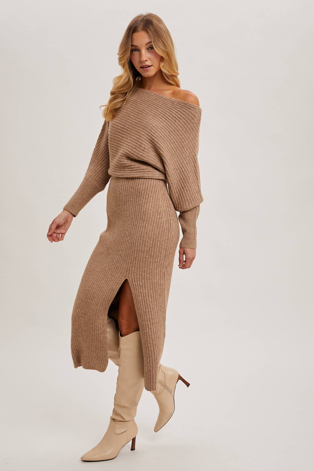 ONE SHOULDER OFF SIDE SLIT MIDI KNIT SWEATER DRESS Bluivy