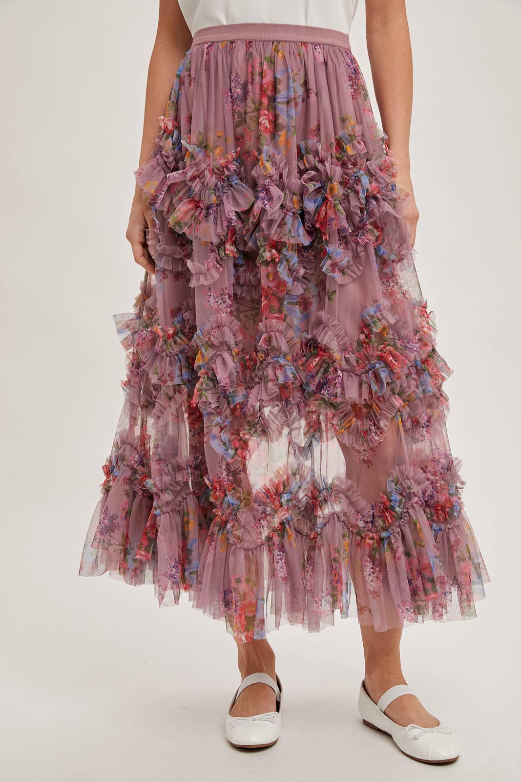 FLORAL RUFFLED MESH MIDI SKIRT