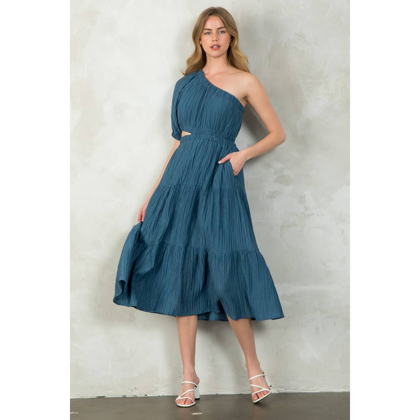 Women's One Shoulder Puff Sleeve Textured Dress