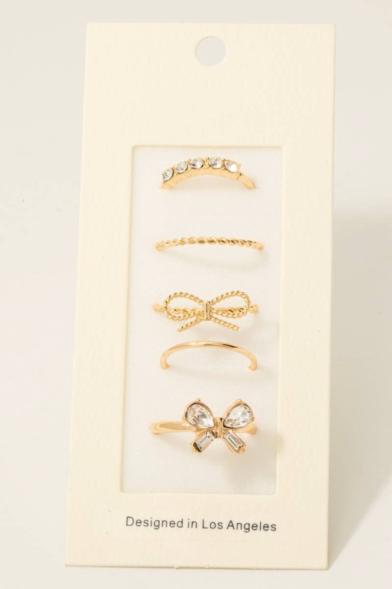 5Pc Dainty Rhinestone Bow Band Rings Set