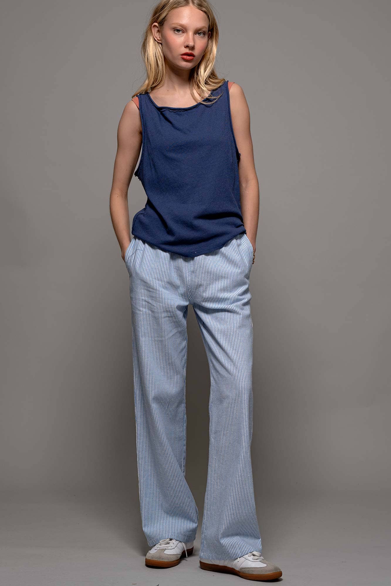 Blue Pinstripe Drawstring Wide Leg Lounge Pants