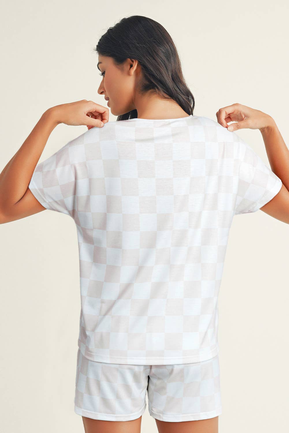 Checkered V Neck Tee Drawstring Shorts Lounge Set