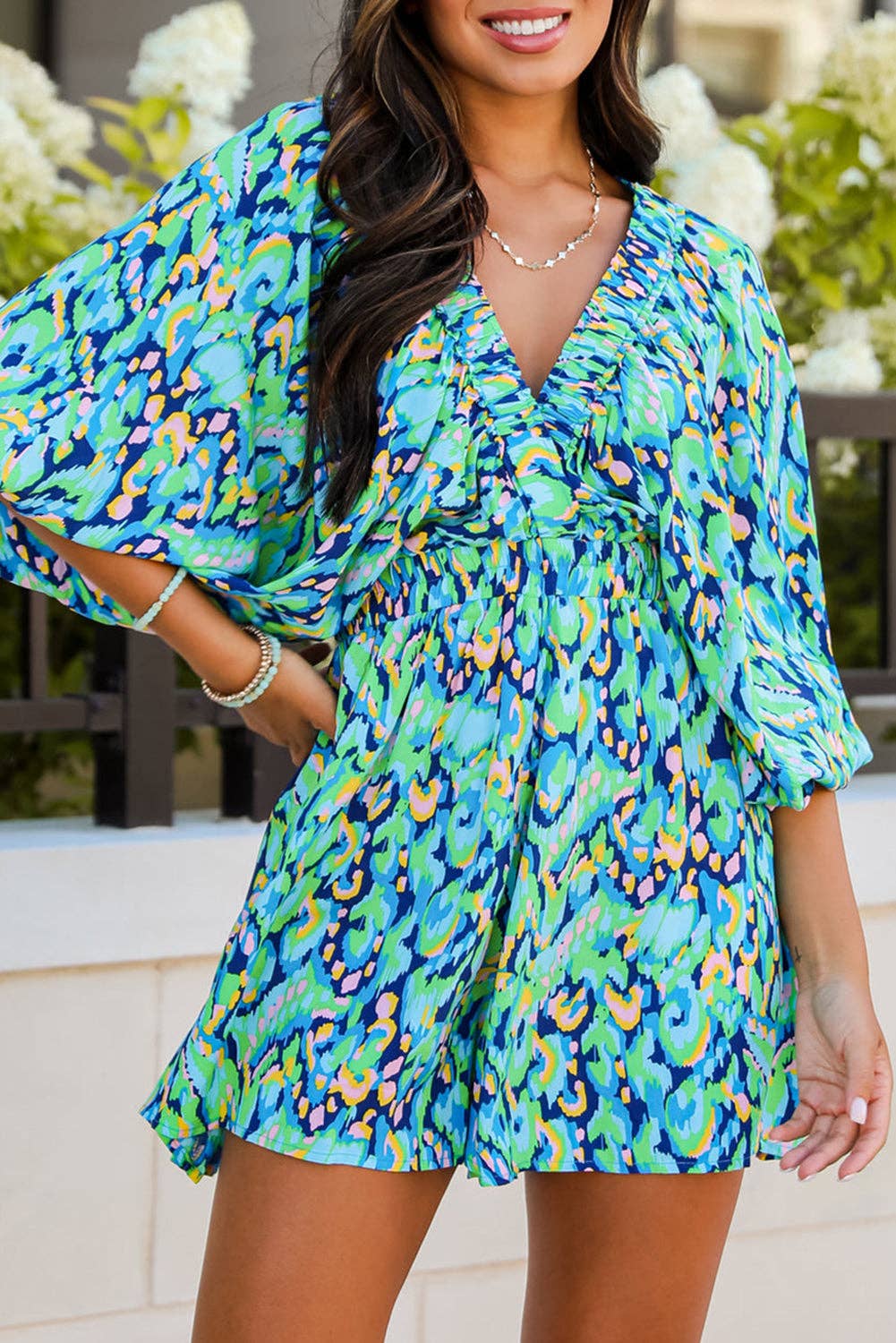 FINAL SALE-  Abstract Puff Sleeve V-Neck Romper