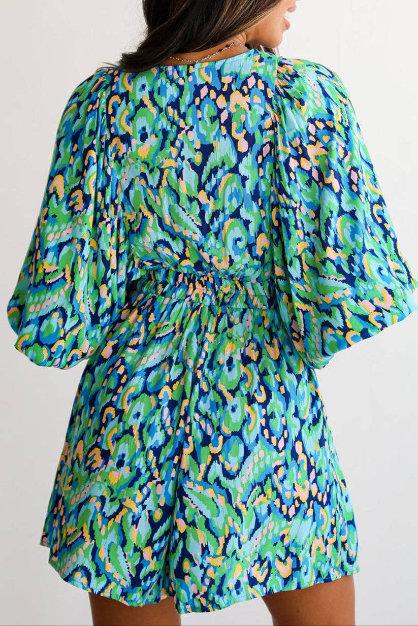 FINAL SALE-  Abstract Puff Sleeve V-Neck Romper