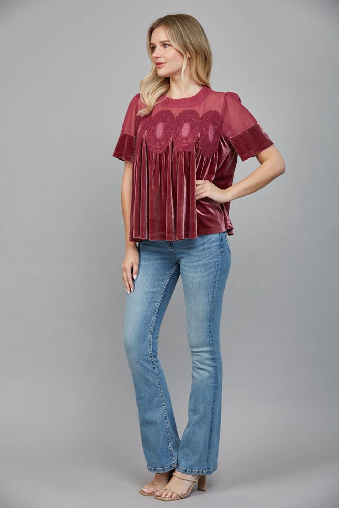LACE DETAIL VELVET BABYDOLL TOP FATE