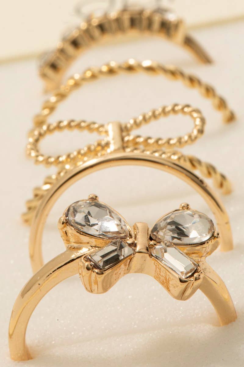 5Pc Dainty Rhinestone Bow Band Rings Set