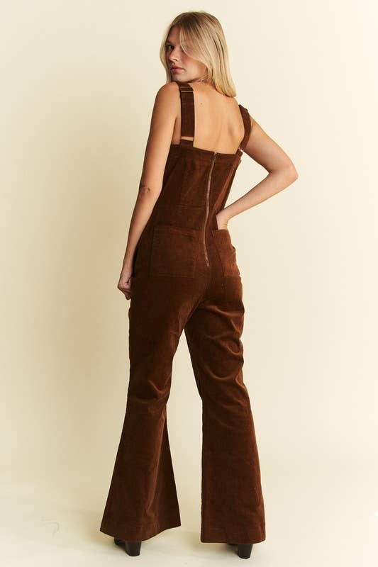 DAWN - PLUS SIZE BUTTON DOWN CORDUROY FLARED JUMPSUIT ZIPPERED BACK
