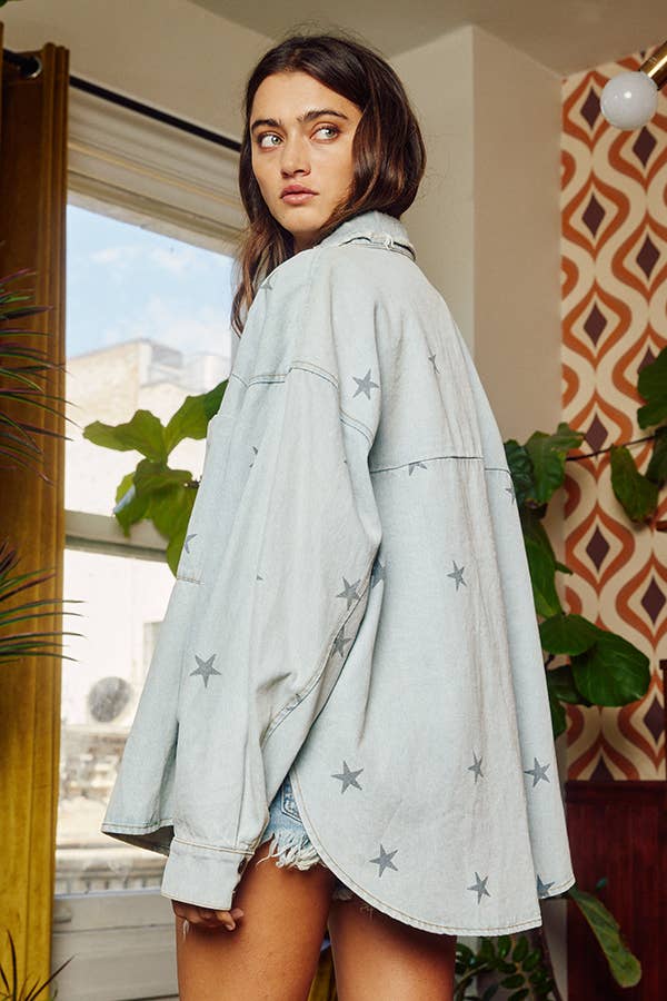 IT1590 Star Print Washed Denim Shirt Jacket Shacket BUCKETLIST