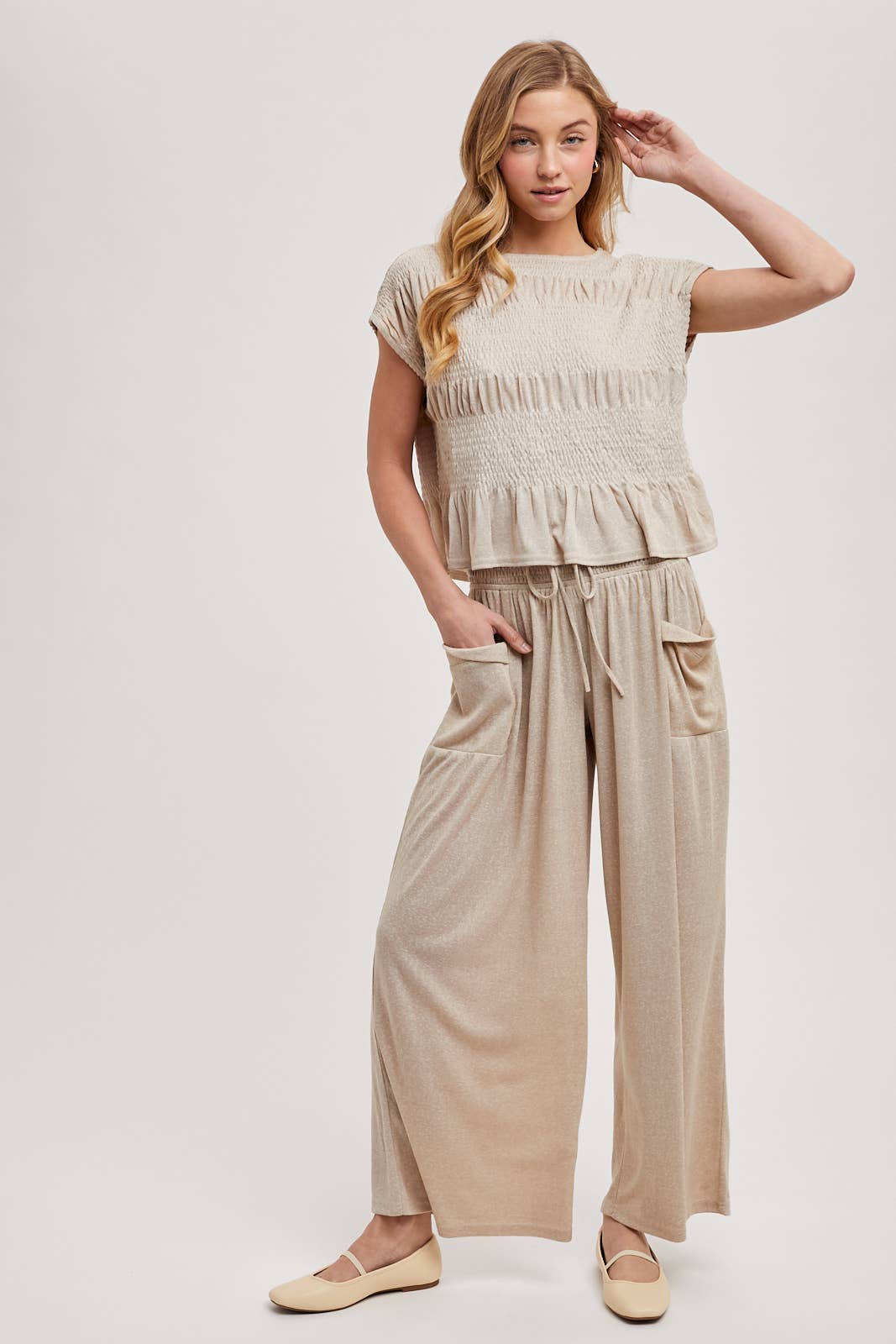 RELAXED KNIT SMOCKED TOP AND WIDE PANTS SET