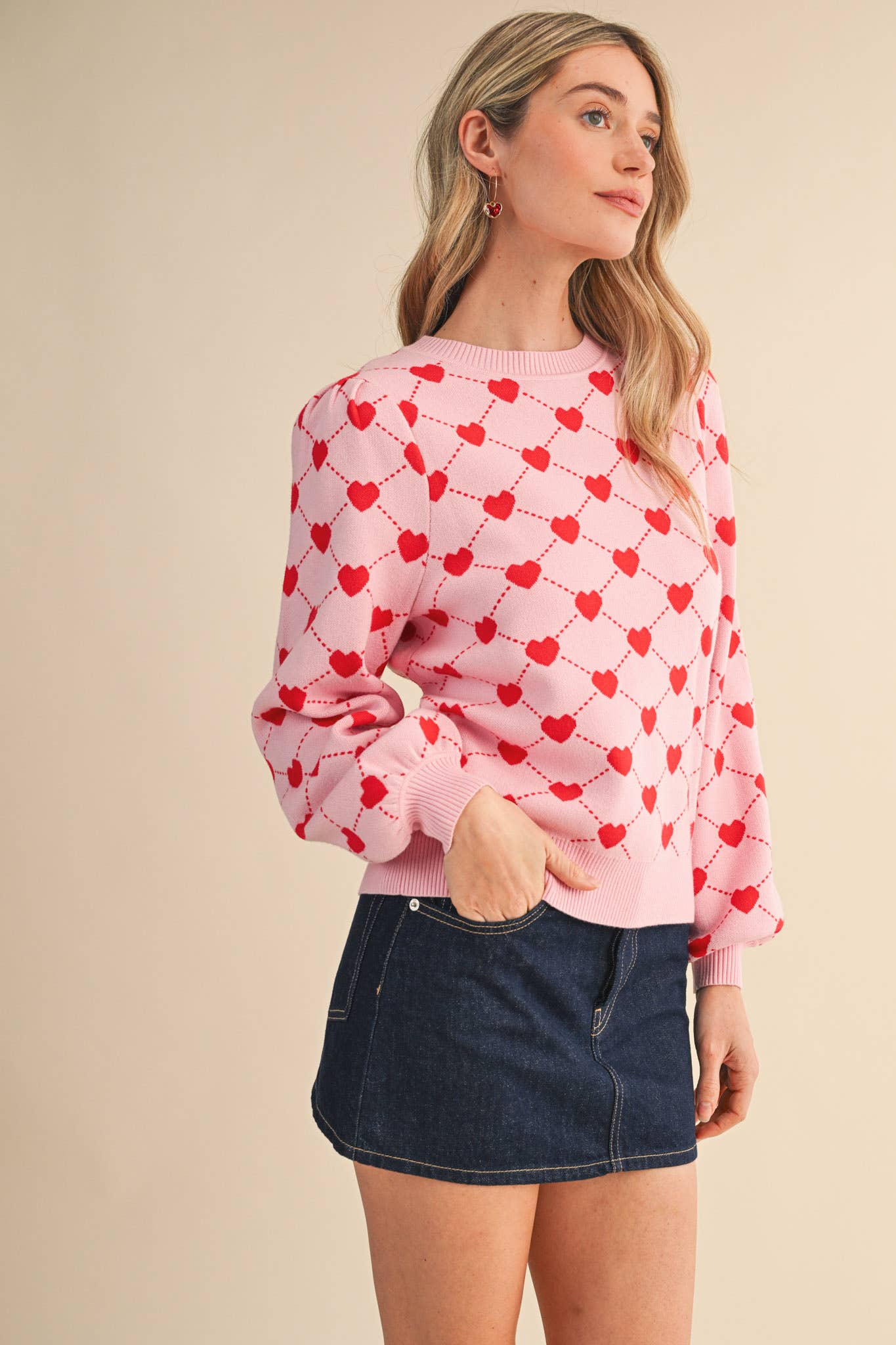 HEART KNIT PUFF SLEEVE SWEATER &MERCI