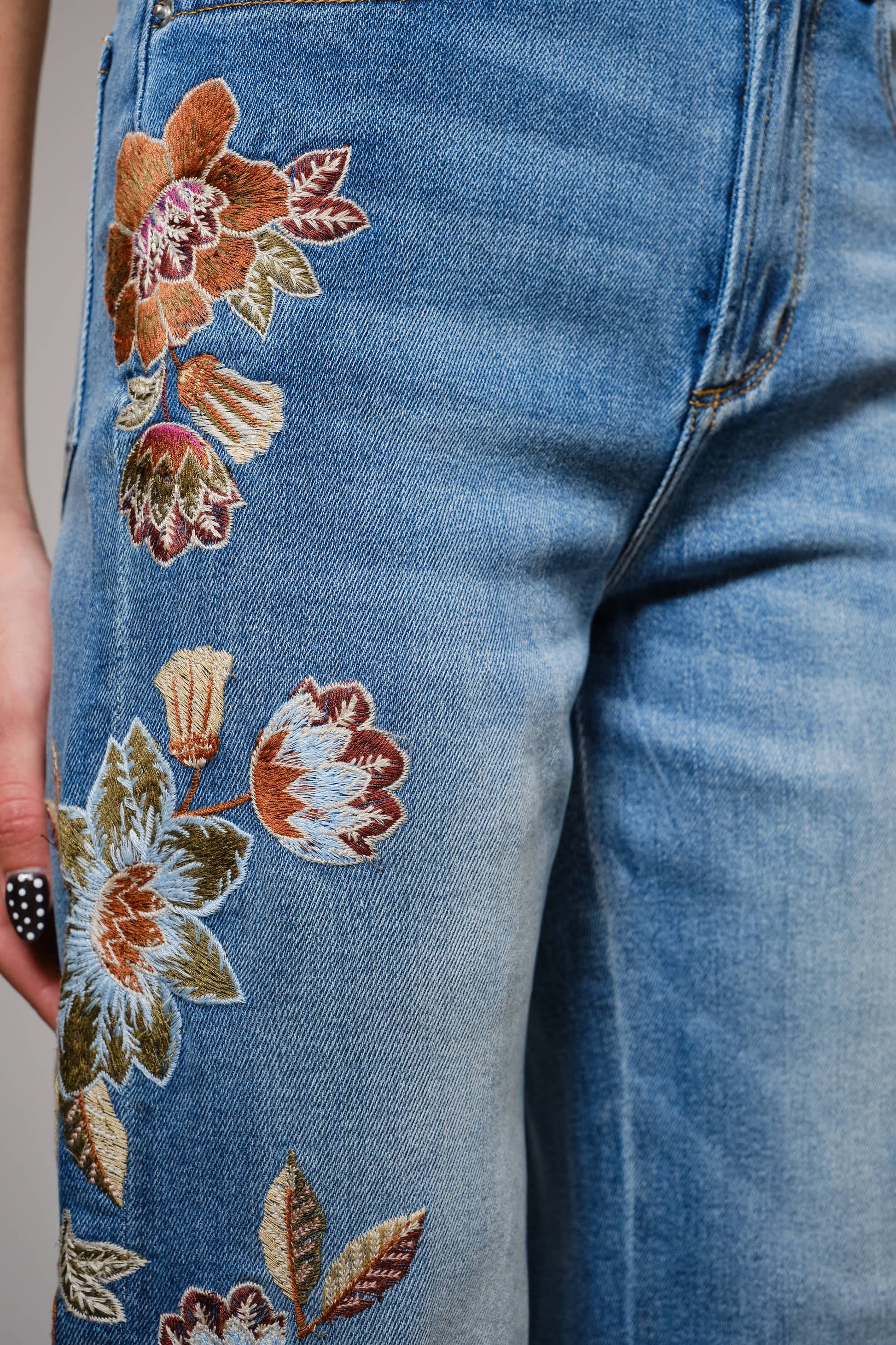 91502P - Flower Embroidery High Waist Flare Jean Blue B