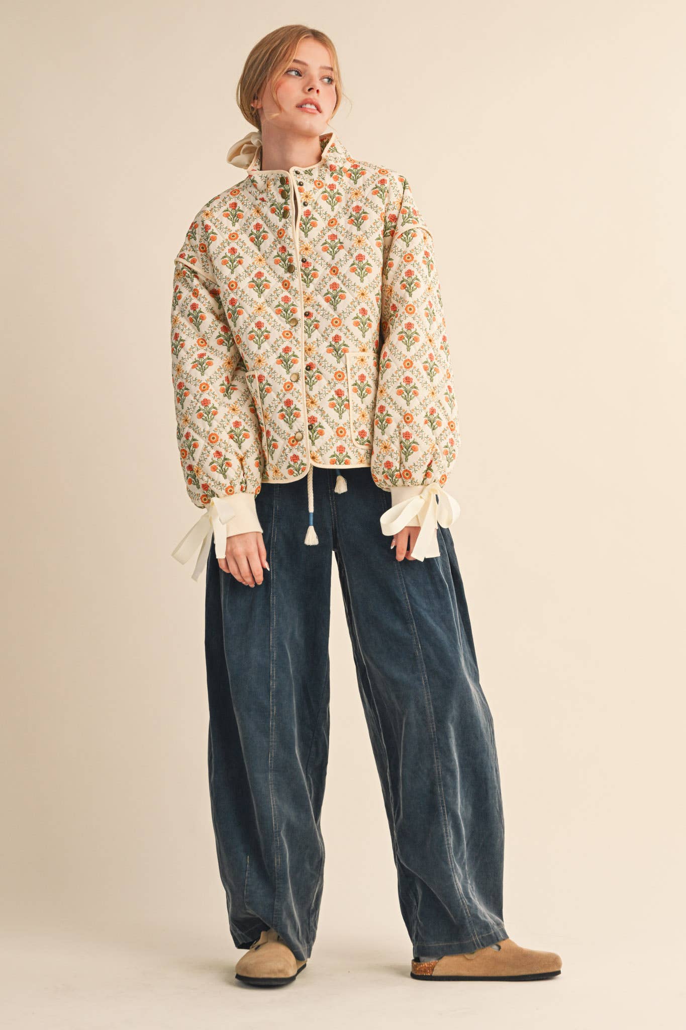 FLORAL QUILTED JACKET WITH RIBBON DETAIL MJK4431 &MERCI