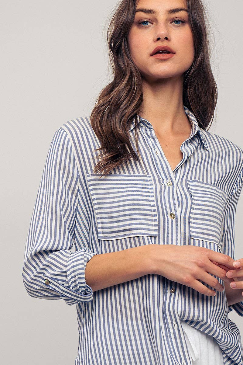 Relaxed Fit Vertical Striped Rayon Button Down Shirt