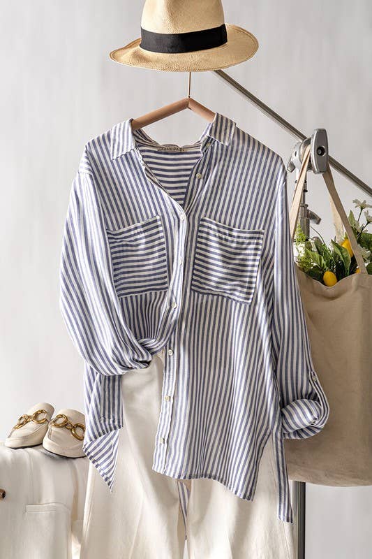Relaxed Fit Vertical Striped Rayon Button Down Shirt