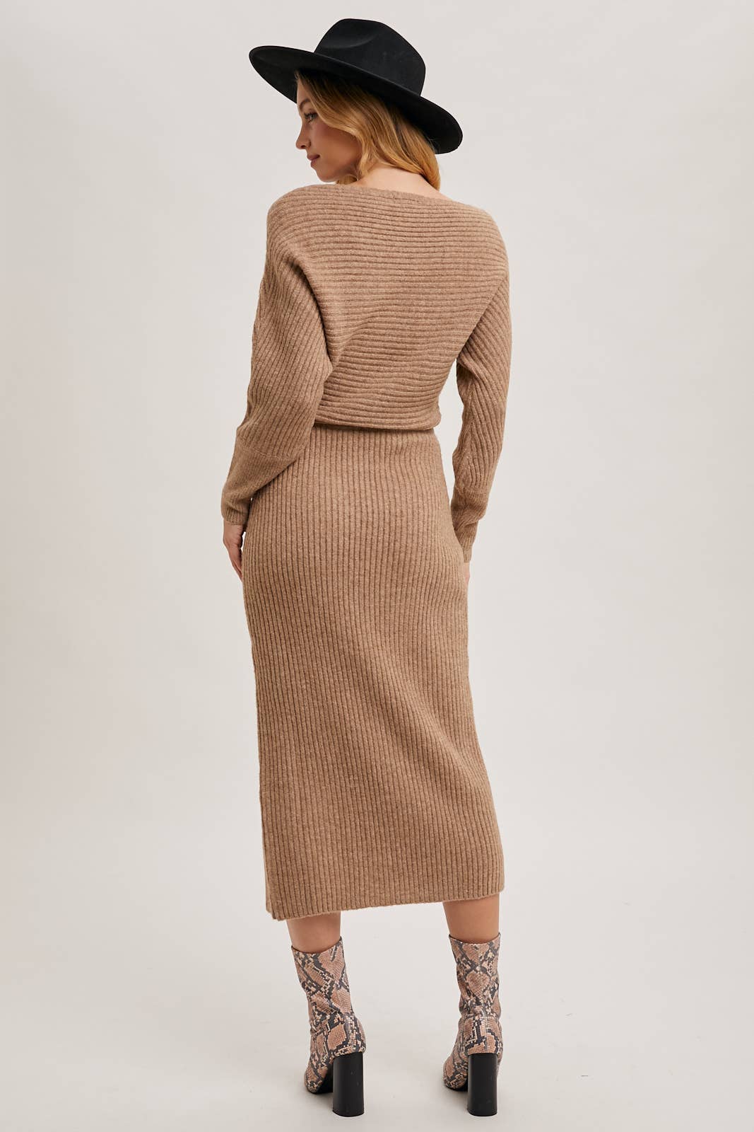 ONE SHOULDER OFF SIDE SLIT MIDI KNIT SWEATER DRESS Bluivy