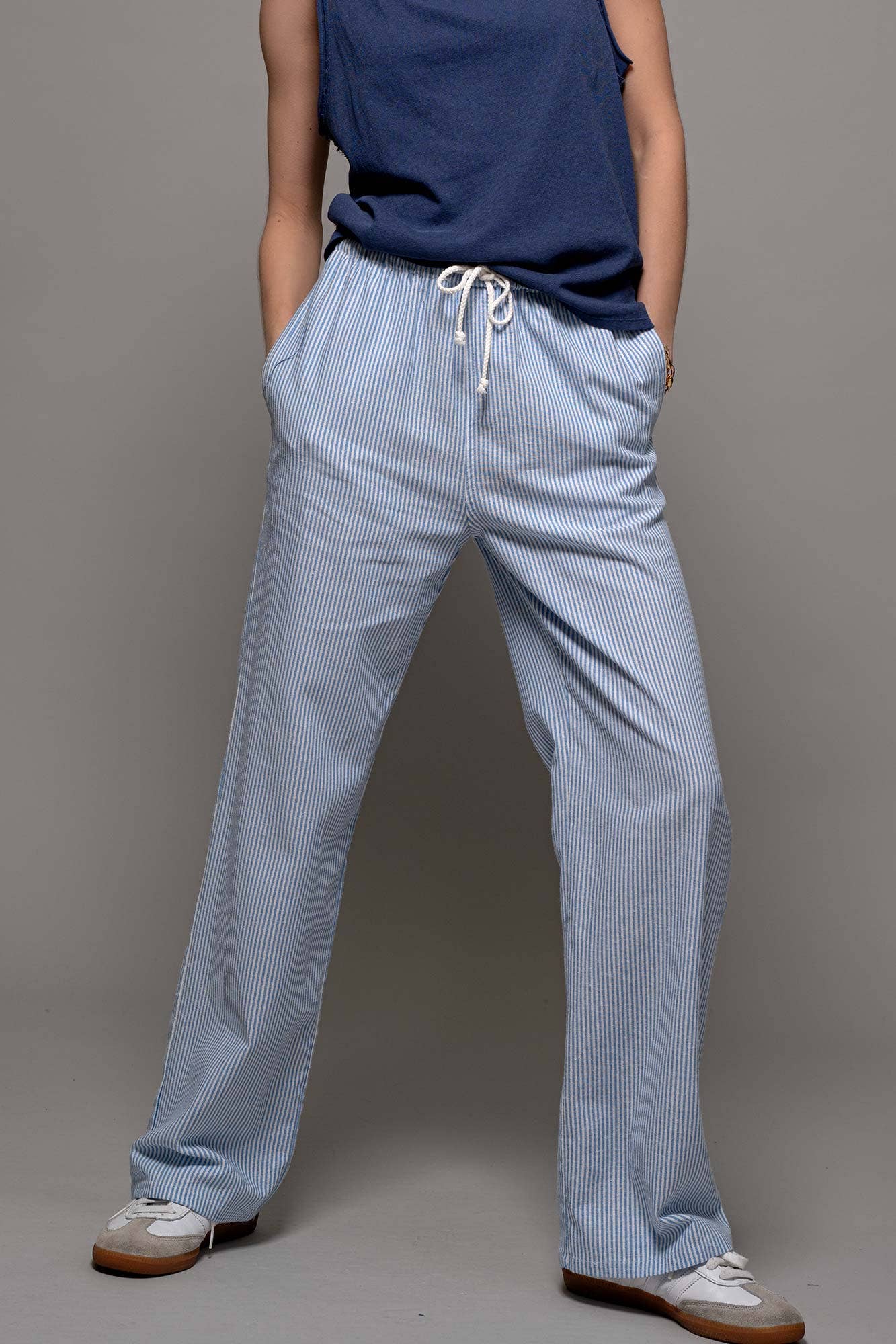 Blue Pinstripe Drawstring Wide Leg Lounge Pants