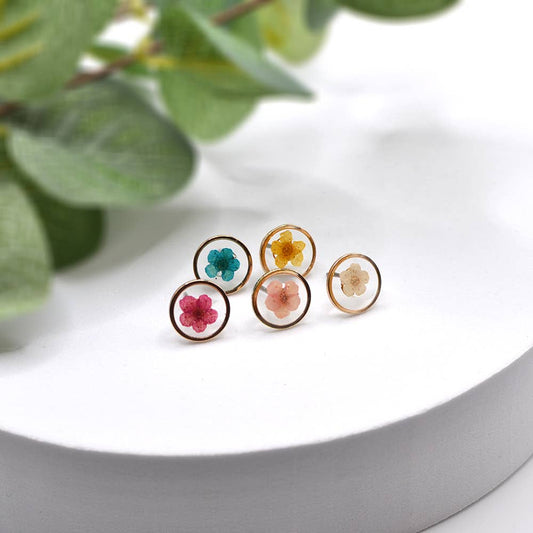 Pressed Real Flower Epoxy Round Stud Post Earrings StarryNYC