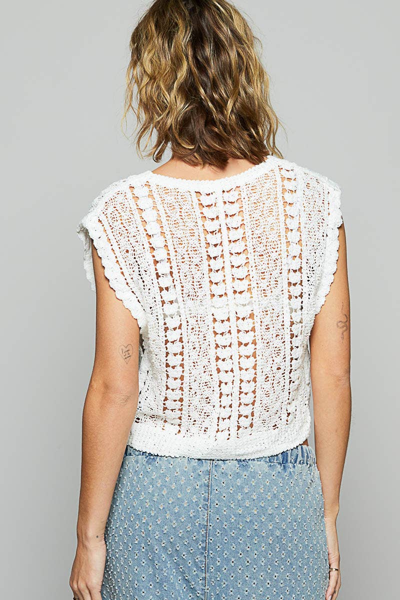 V-neck sleeveless solid crochet top