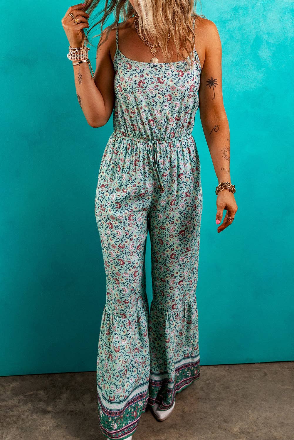 FINAL SALE- Boho Floral Ruffle Hem Summer Jumpsuit