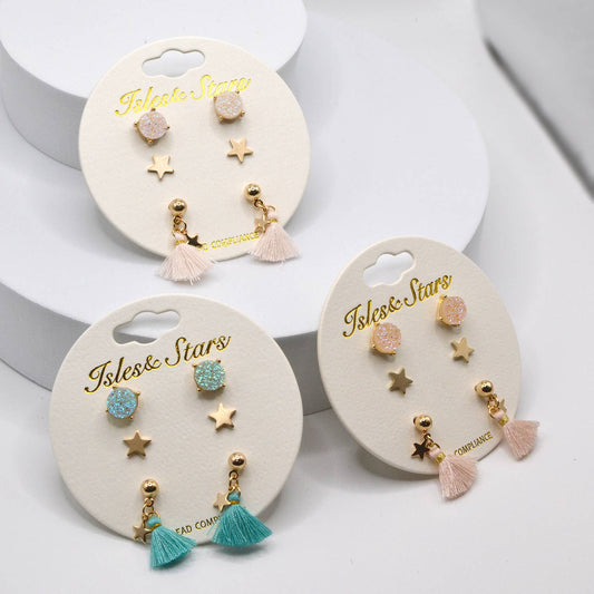 3 Pair Stud Earrings Star Druzy Tassel Multi Pair Post StarryNYC