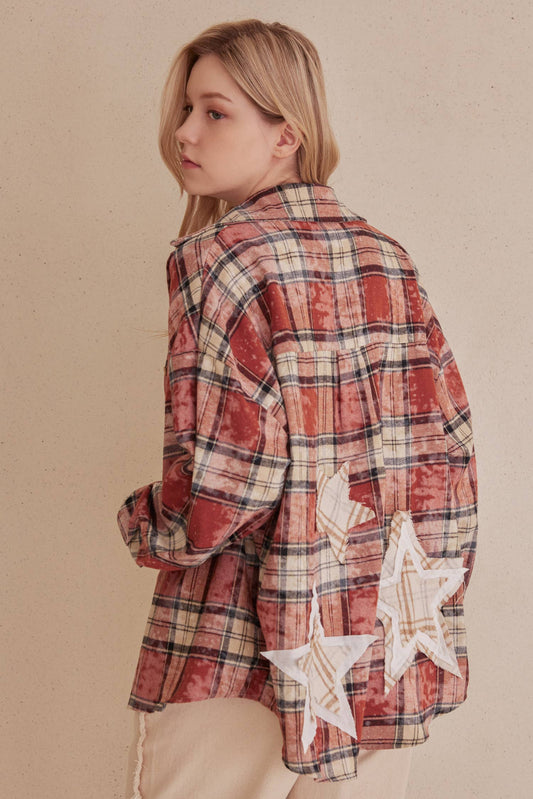 Oversized Plaid Shirt with Star Patches Mello.
