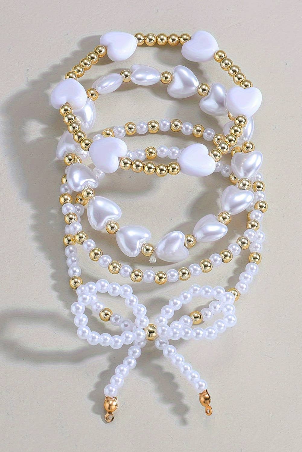 Bow Knot Heart Shape Faux Pearl Beaded Bracelet Set