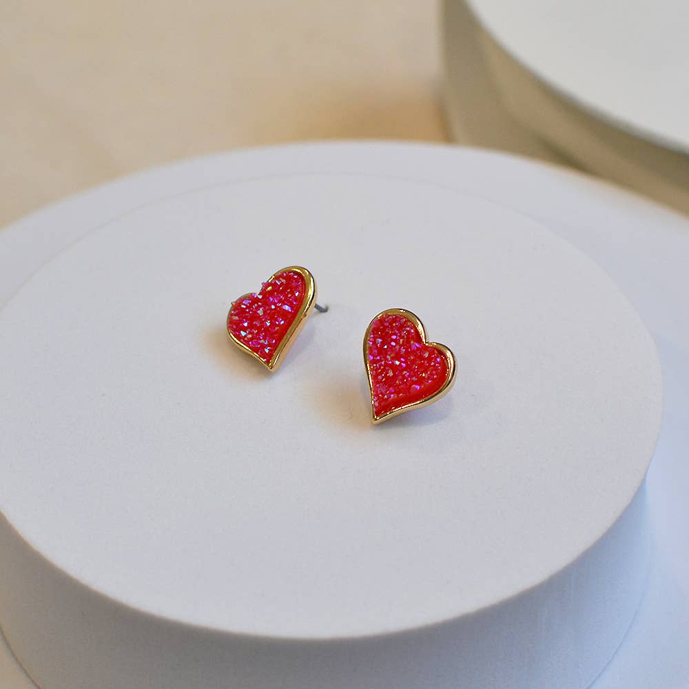 Uneven Resin Heart Druzy Button Stud Earrings StarryNYC