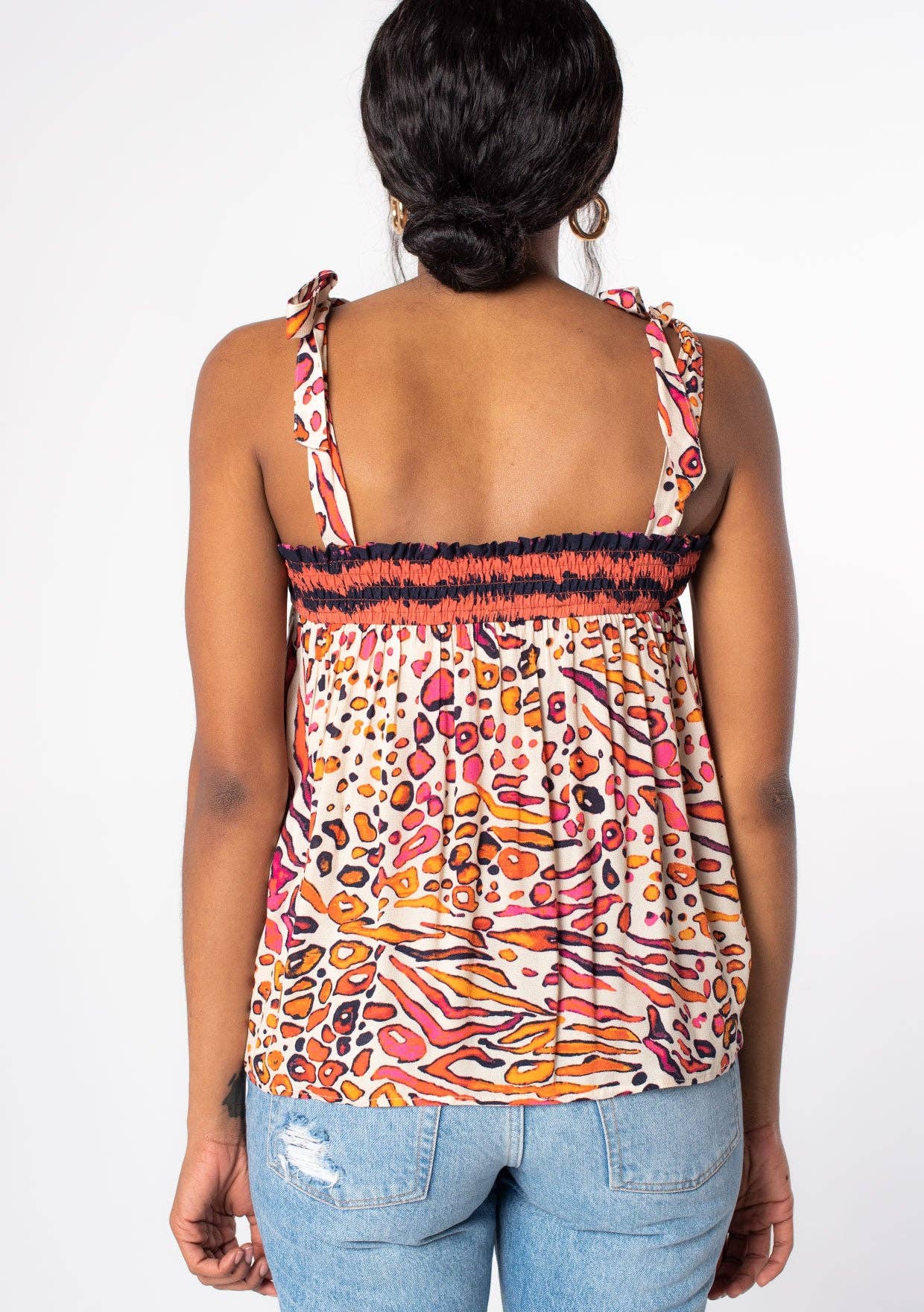 Leopard Print Smocked Tie Shoulder Tank Top 926 WEST