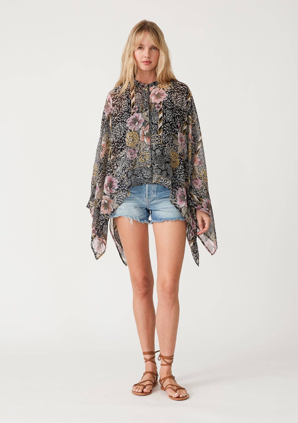 Sheer Floral Asymmetric Button Front Blouse