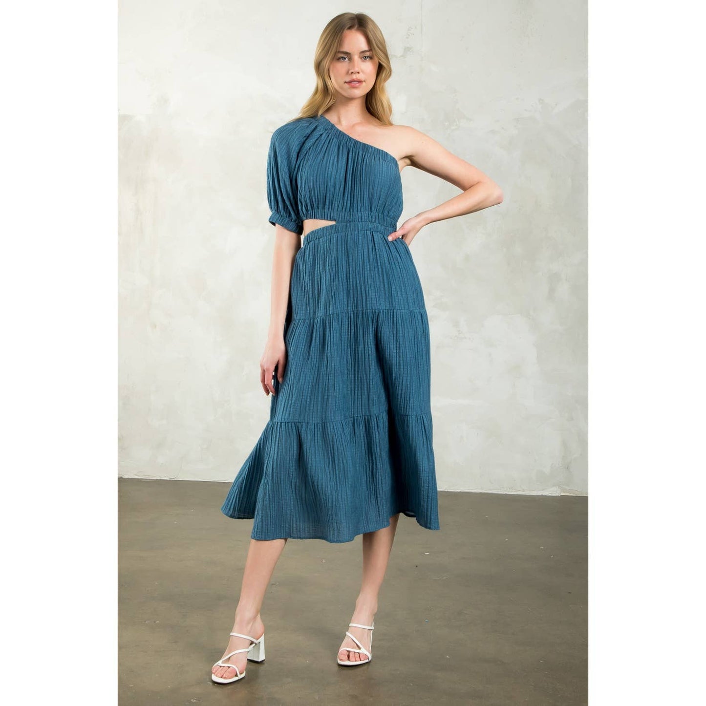 Women's One Shoulder Puff Sleeve Textured Dress