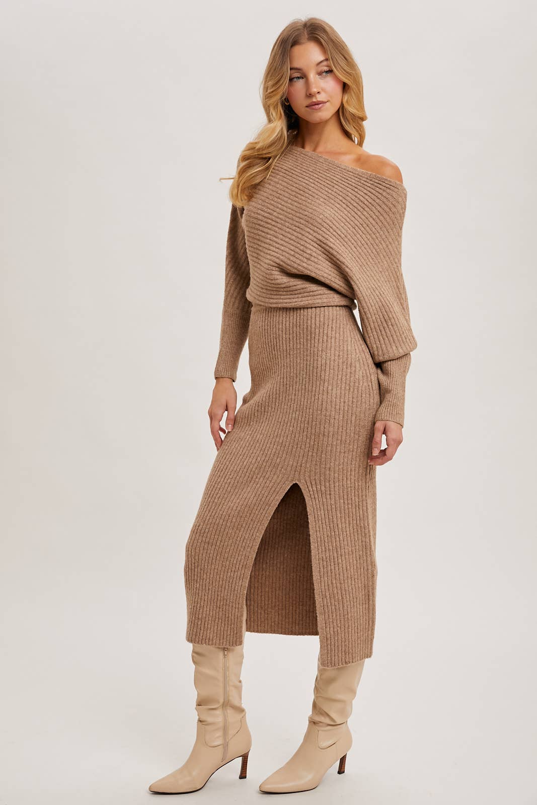 ONE SHOULDER OFF SIDE SLIT MIDI KNIT SWEATER DRESS Bluivy
