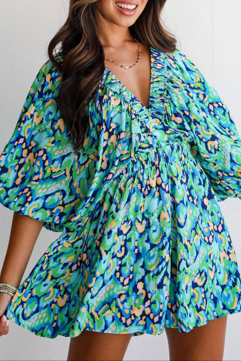 FINAL SALE-  Abstract Puff Sleeve V-Neck Romper