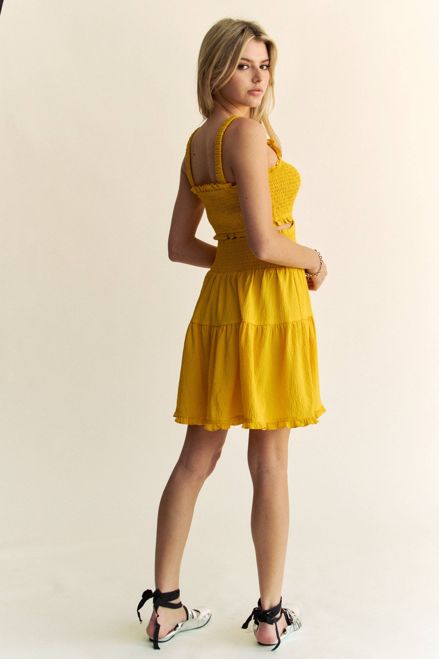 TEXTURED OPEN BACK SMOCKING CUT OUT MINI DRESS