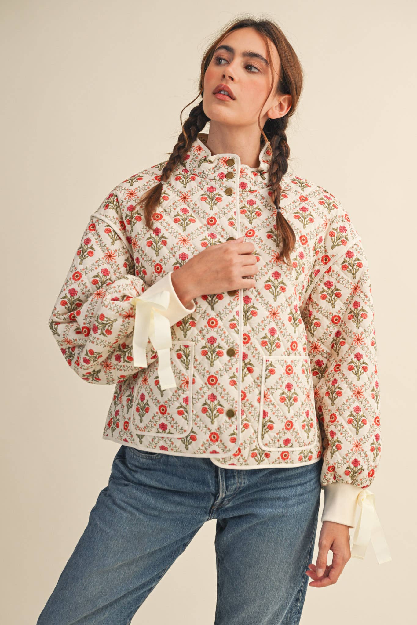 FLORAL QUILTED JACKET WITH RIBBON DETAIL MJK4431 &MERCI