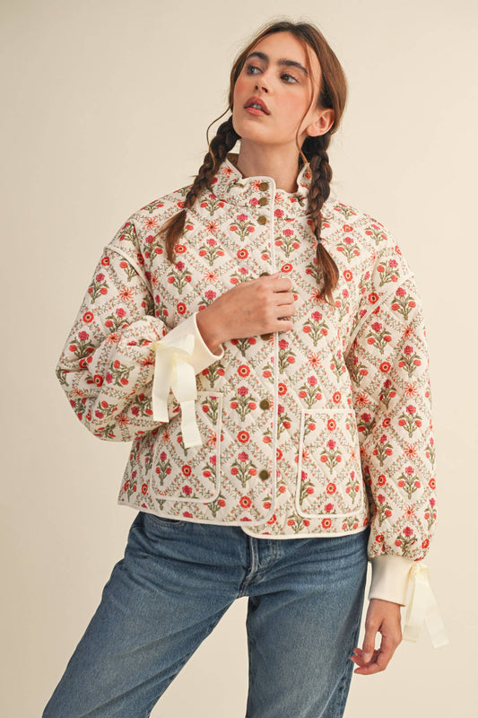 FLORAL QUILTED JACKET WITH RIBBON DETAIL MJK4431 &MERCI