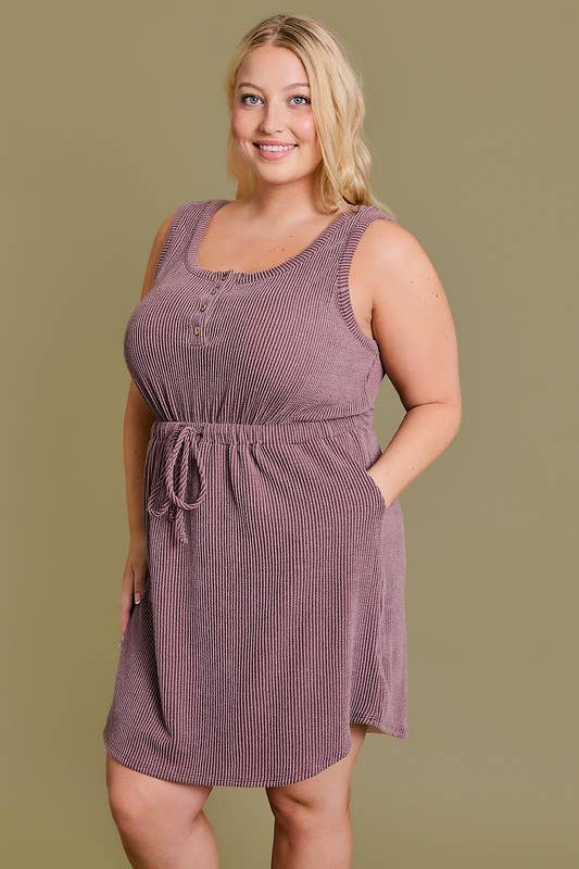 PLUS SLEEVELESS BUTTON DOWN WAIST TIE SIDE POCKET RIB DRESS GILLI
