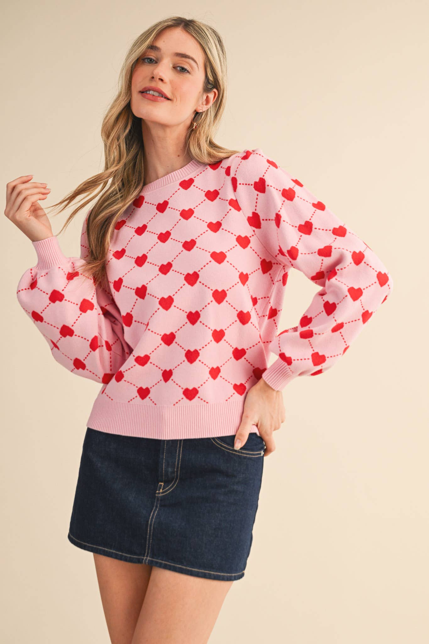 HEART KNIT PUFF SLEEVE SWEATER &MERCI