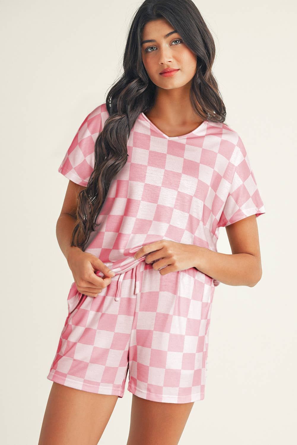 Checkered V Neck Tee Drawstring Shorts Lounge Set